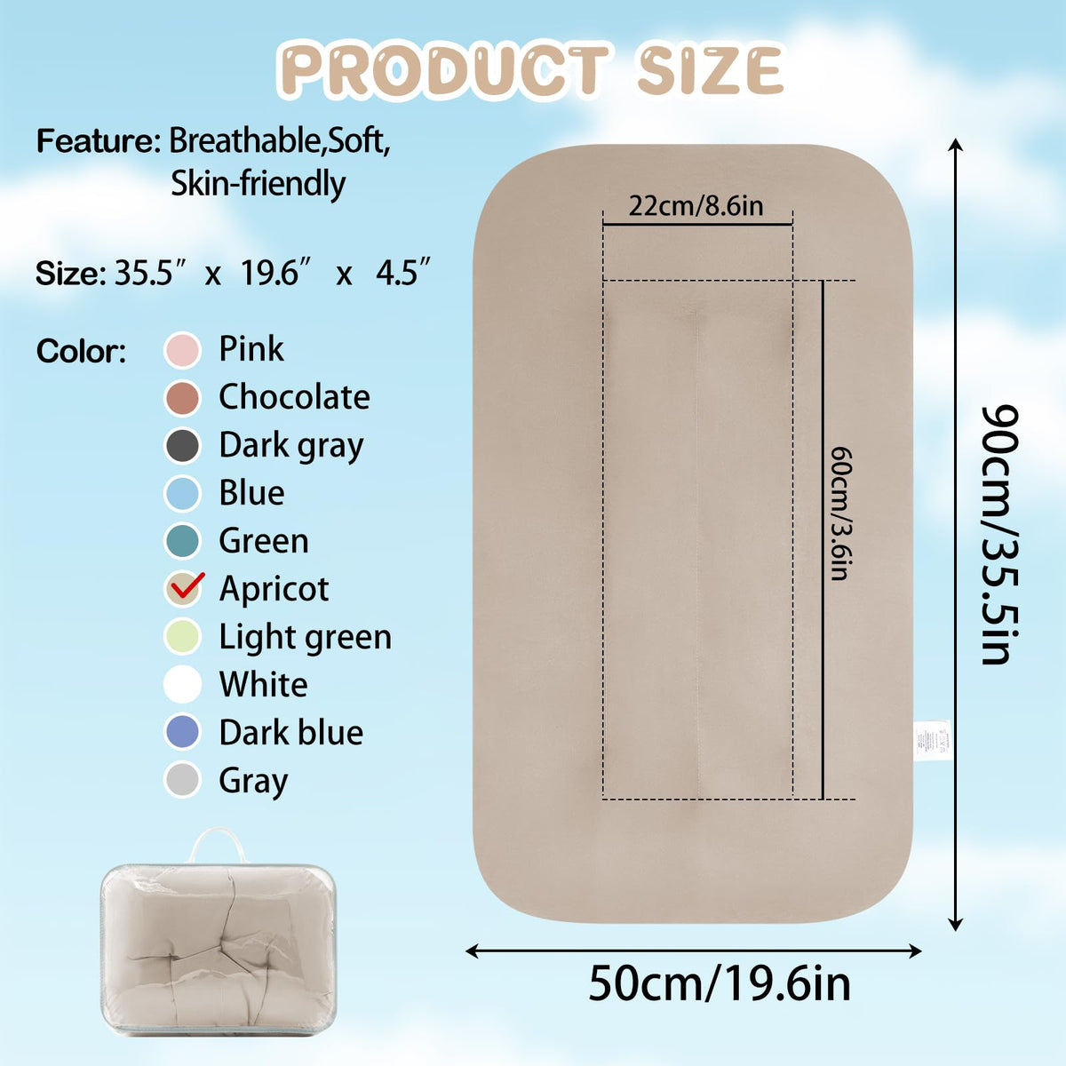PGONEEE Lucakuins baby lounger top view showing dimensions