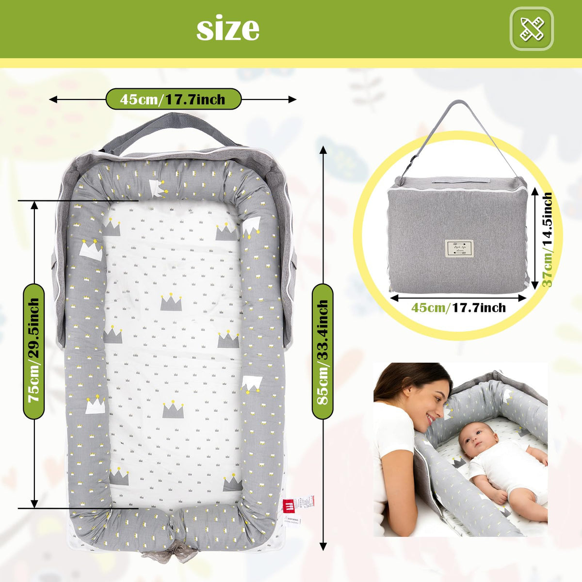 Infant support cushion showing breathable cotton fabric texture