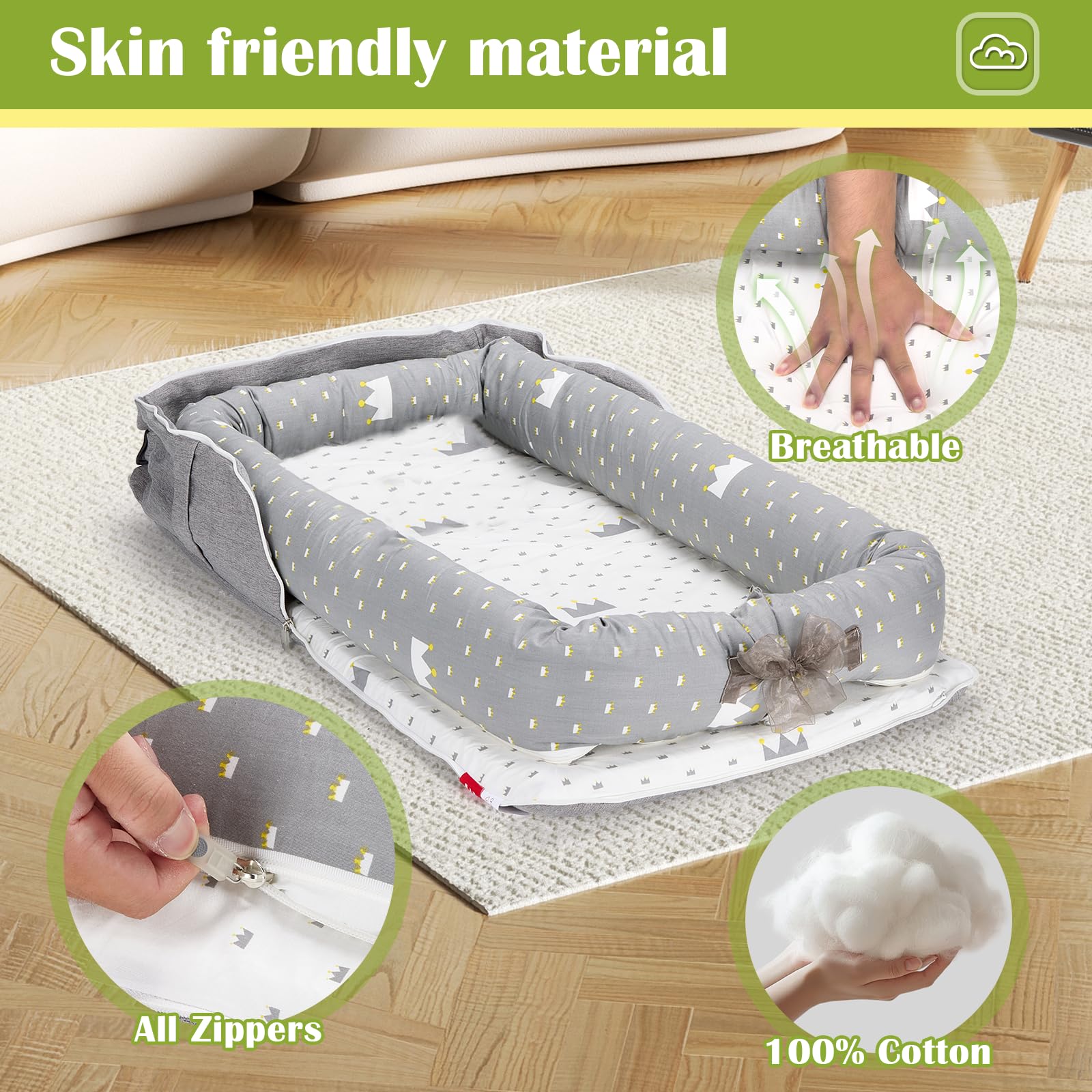 Adjustable ties feature on Huggynest portable baby nest