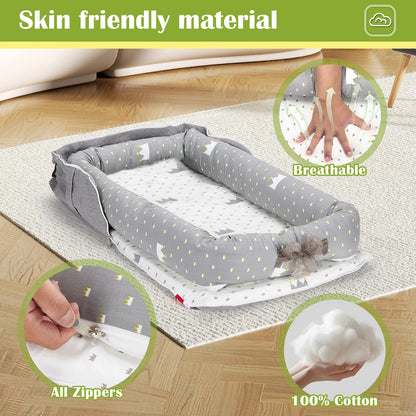 Adjustable ties feature on Huggynest portable baby nest