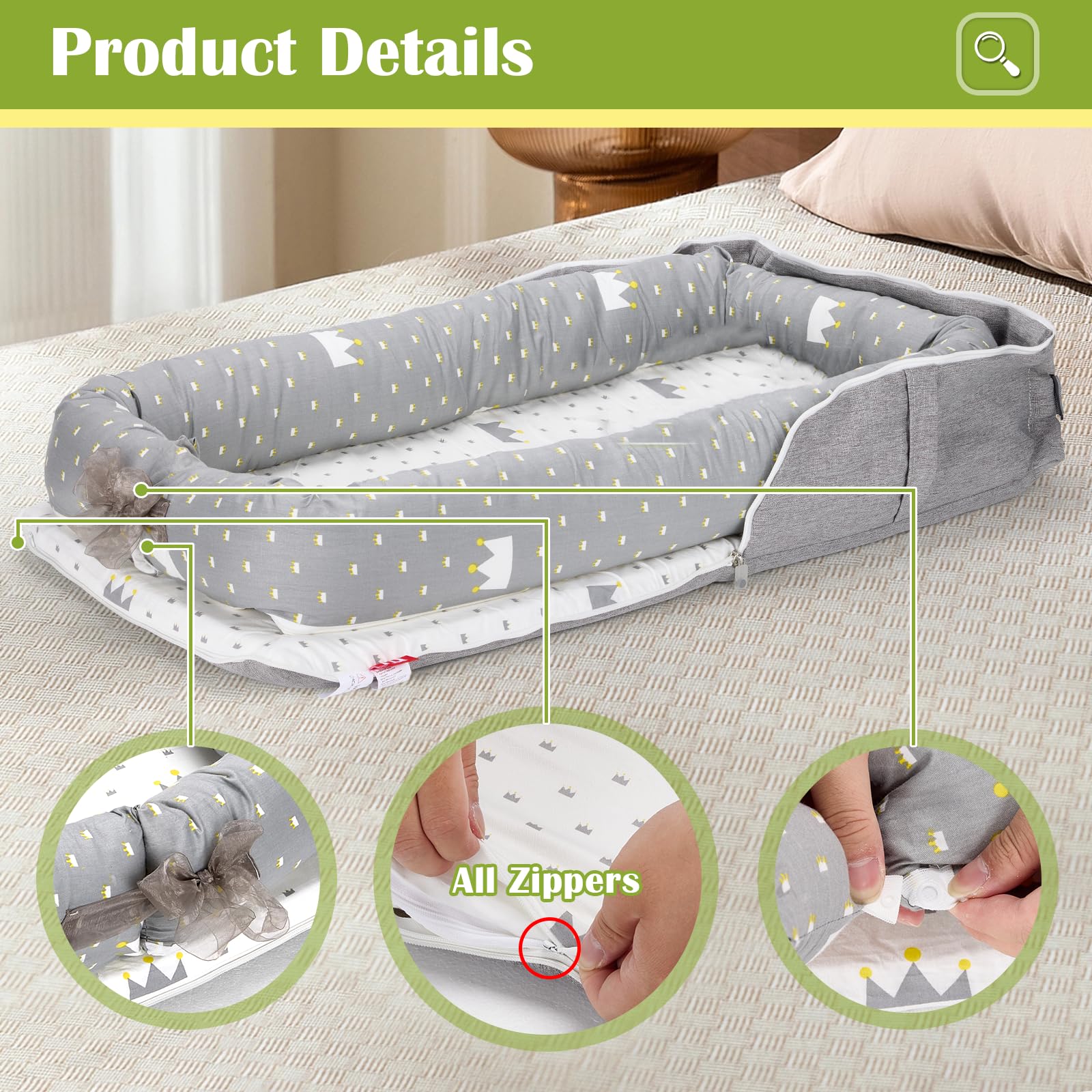 Huggynest baby lounger showing breathable cotton fabric texture