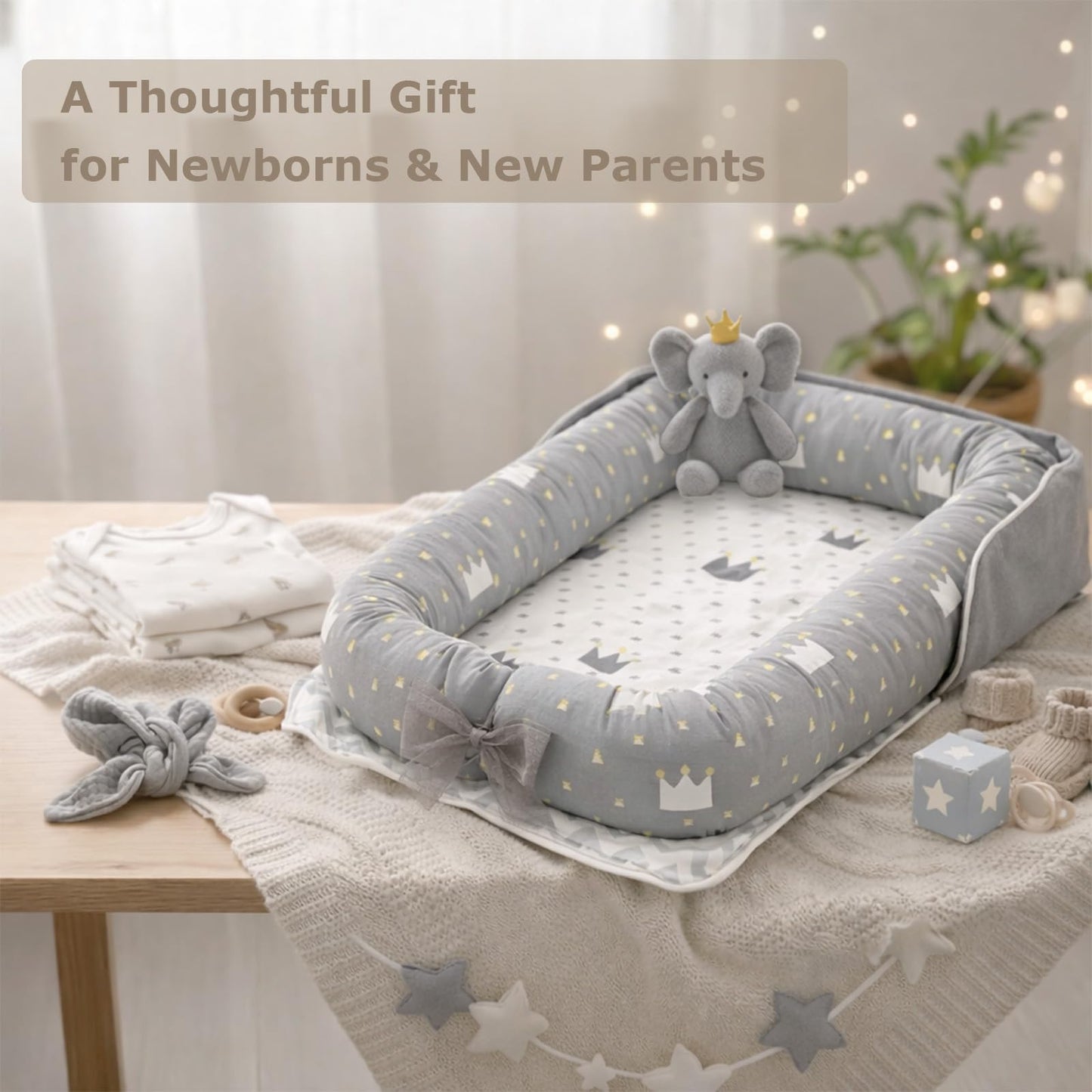 Portable baby lounger folded for travel convenience