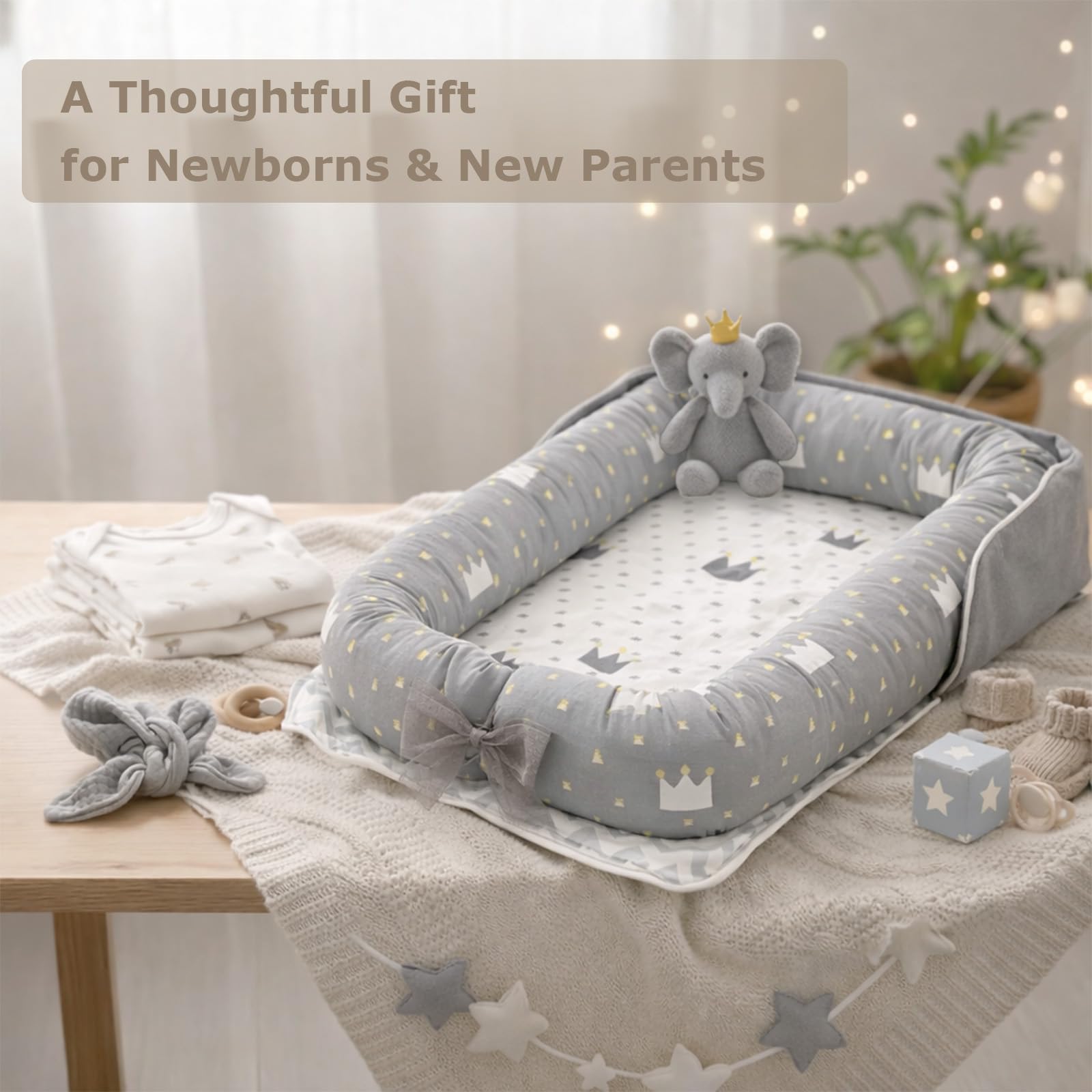 Portable baby lounger folded for travel convenience