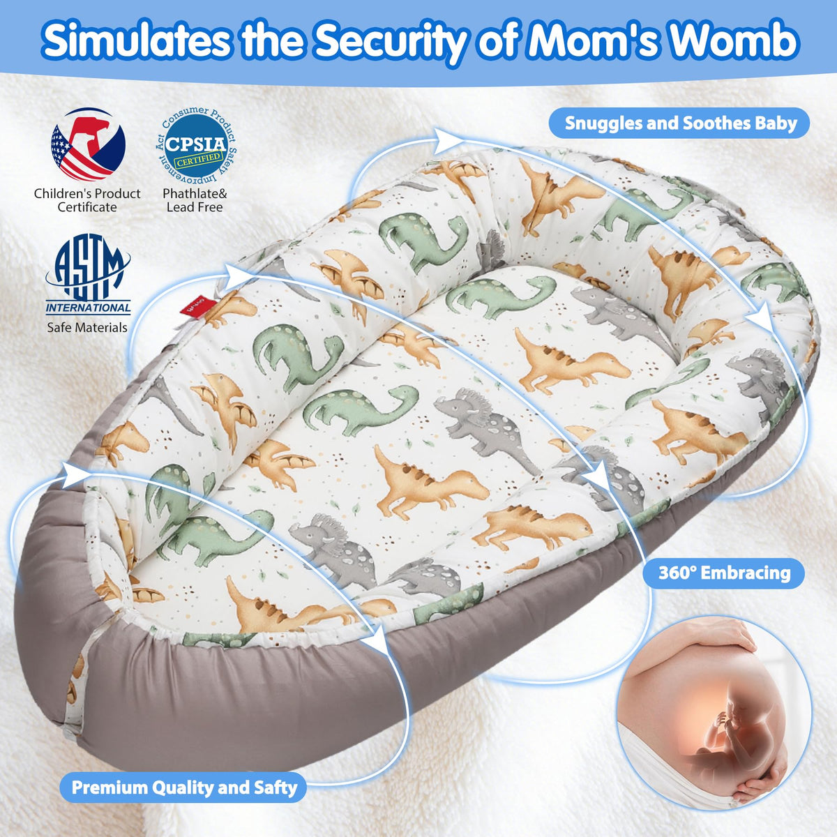 Butoa portable infant support cushion displayed with travel storage bag