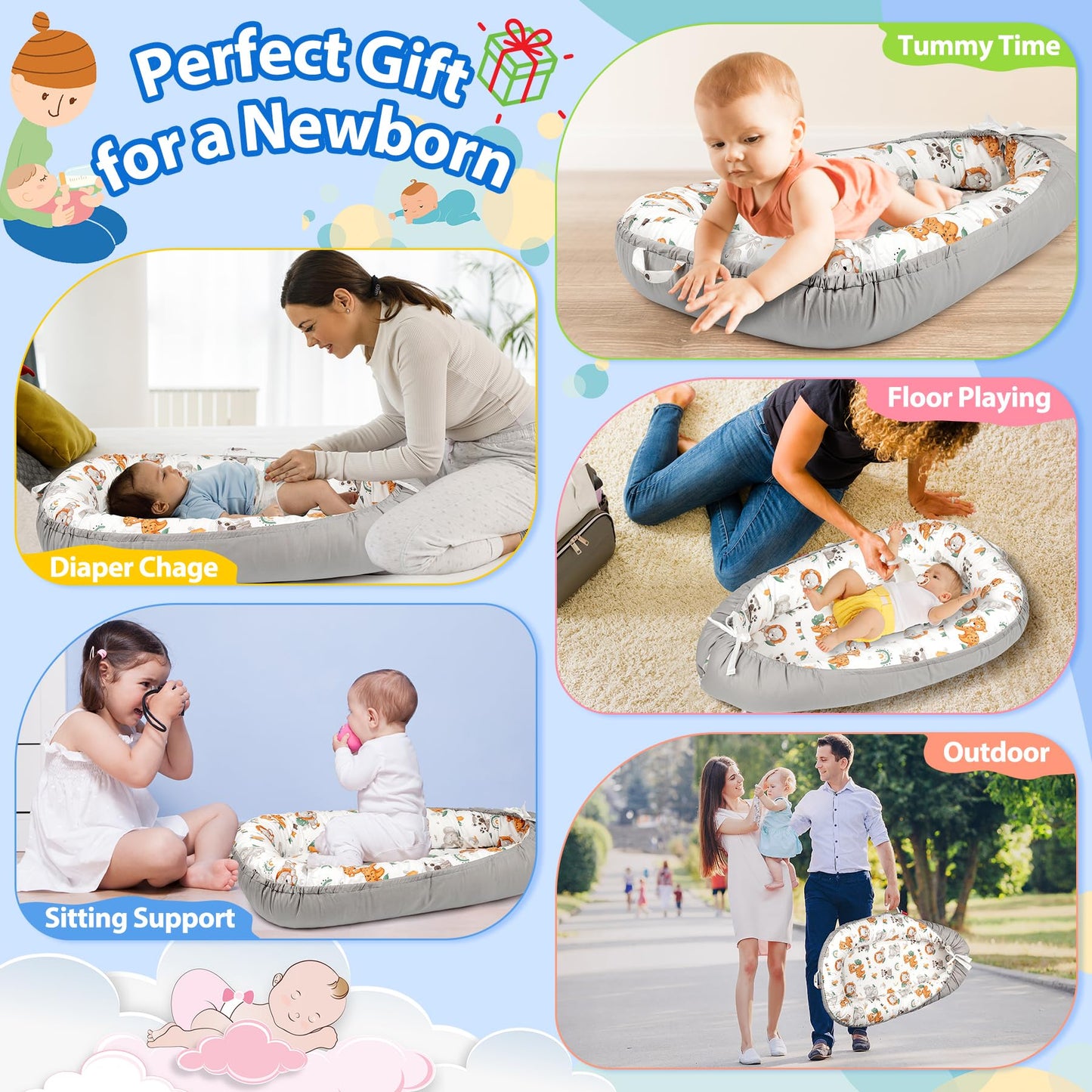 Top view of Butoa baby lounger with dinosaur print