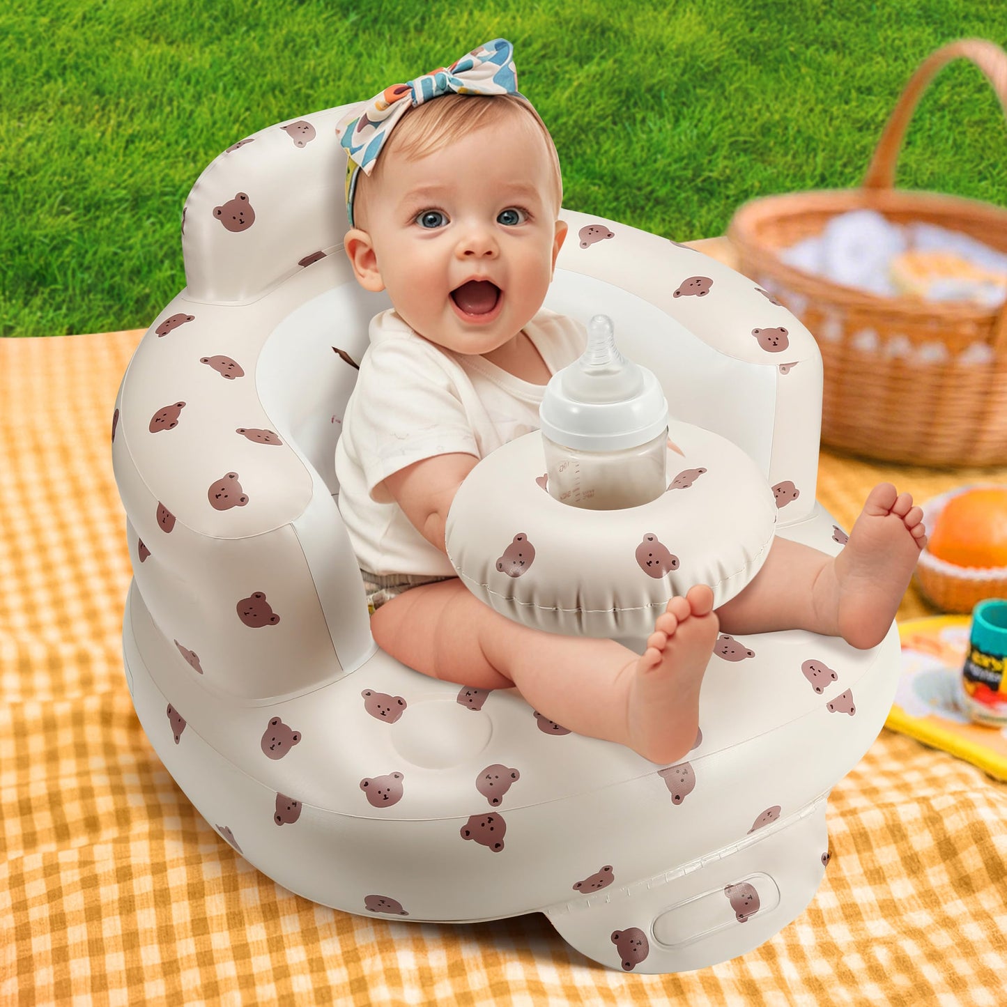 Ekepe baby seat with tray attached for feeding time