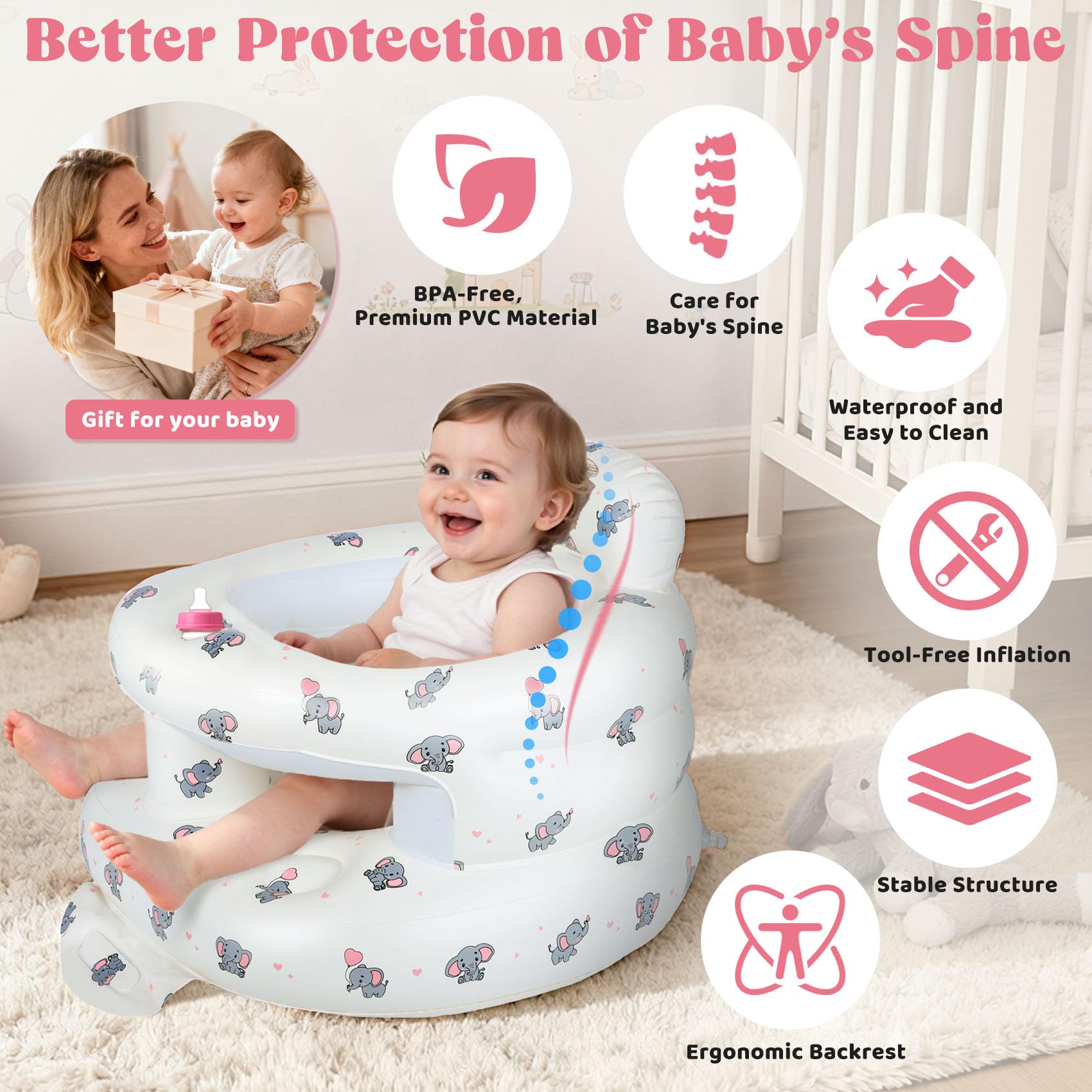 Baby sitting in CandyHome inflatable elephant chair