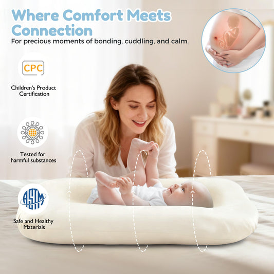 Side profile of portable Idudbid infant lounger for newborns