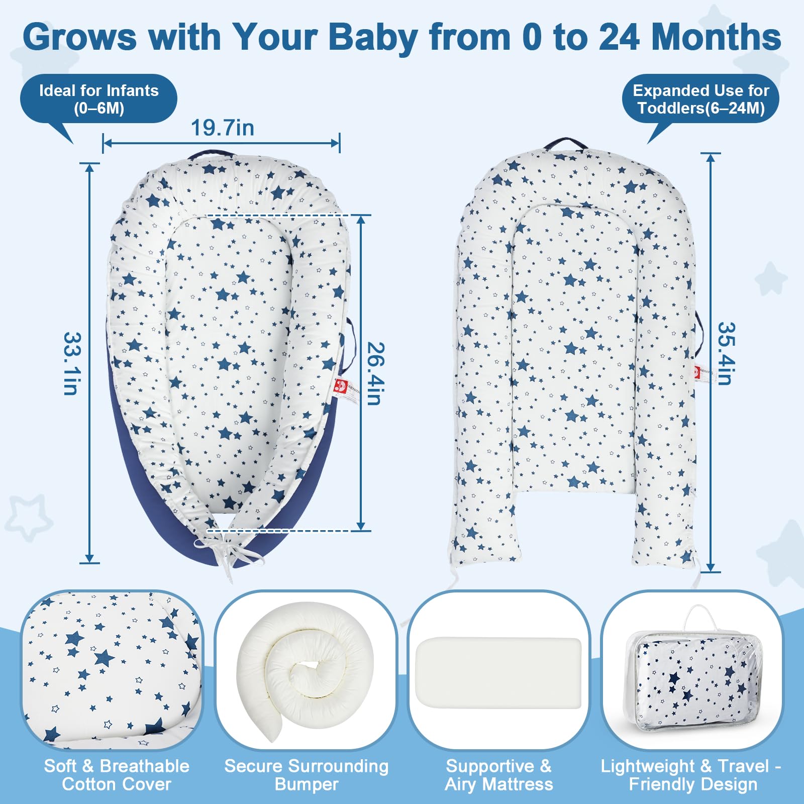 Teeaoe portable baby nest in blue star pattern