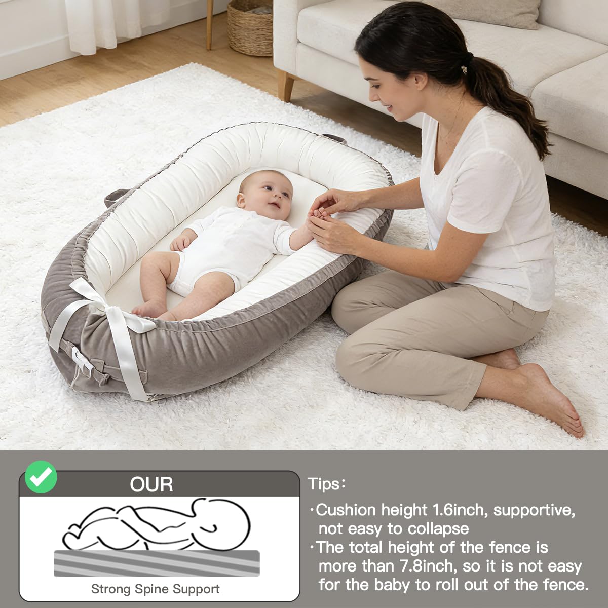 Meindoovm infant floor lounger showing reversible fabric