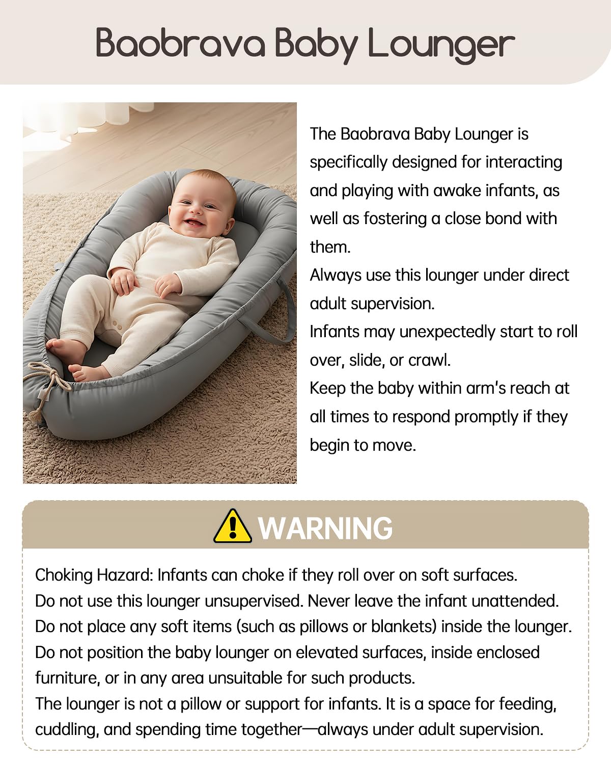 Baby enjoying tummy time in gray baby nest