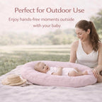 Aila + Aiden infant lounger displayed with portable travel bag and handles