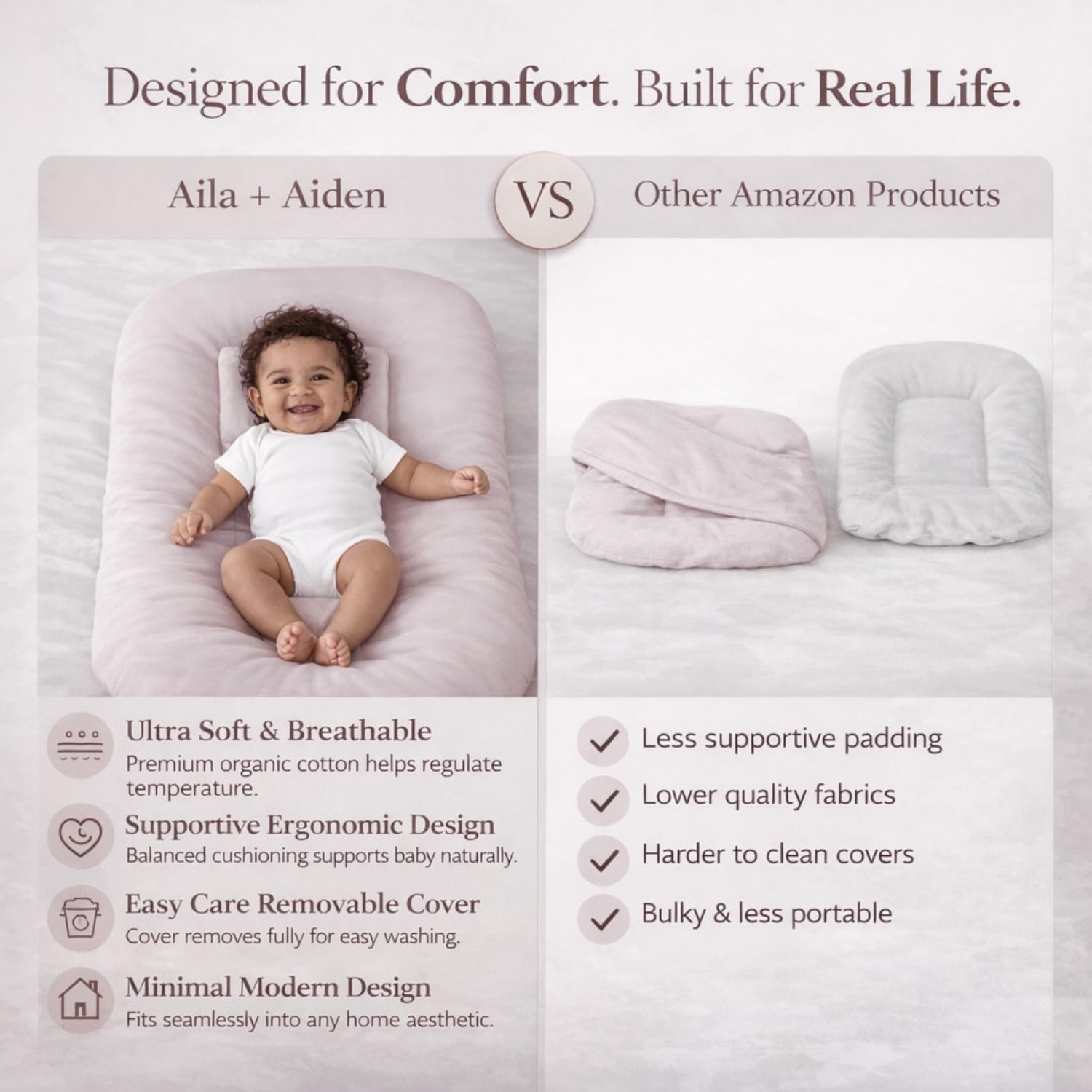 Top down view of pink infant lounger on clean floor
