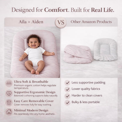 Top down view of pink infant lounger on clean floor