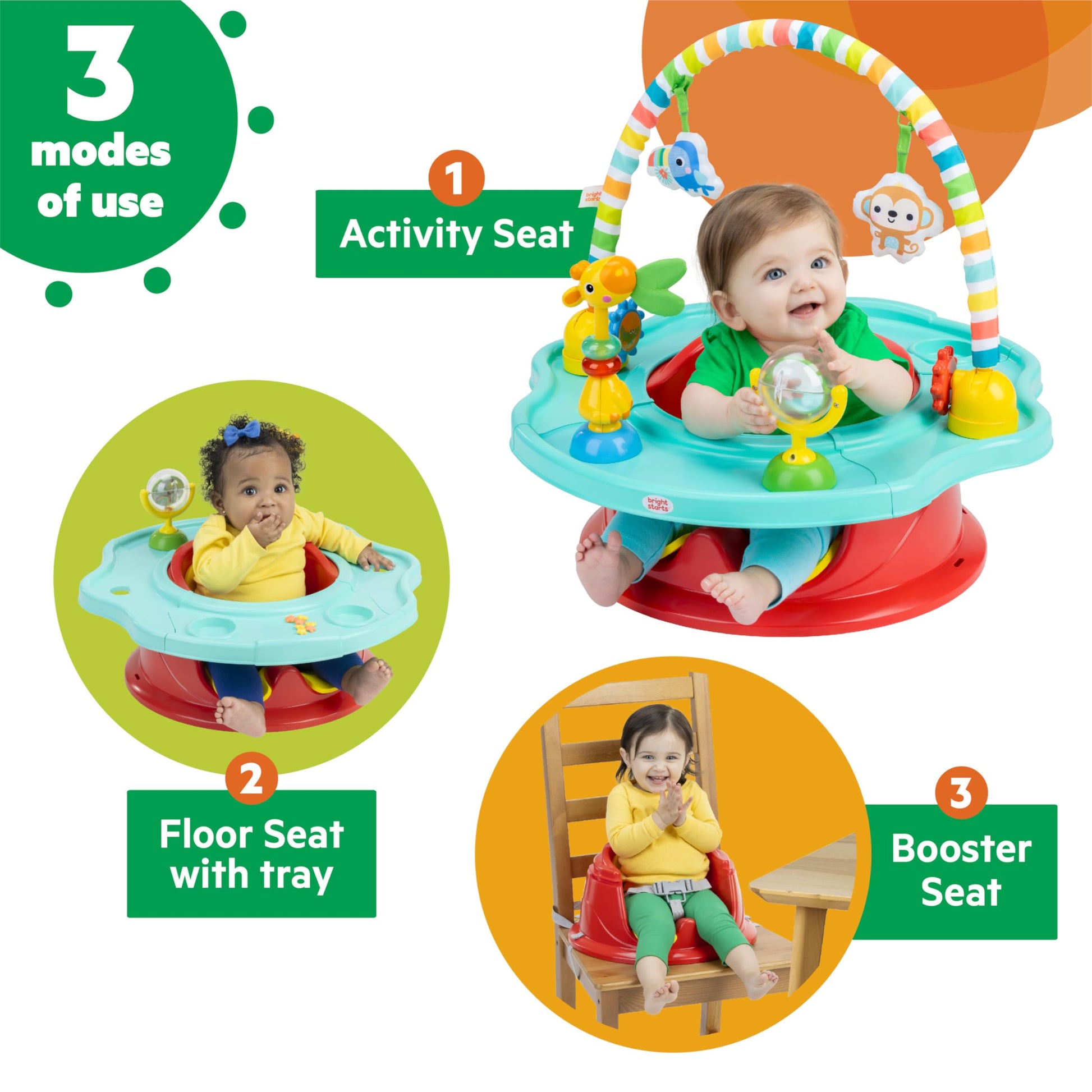 Bright Starts baby activity seat with toy bar and blue and red design