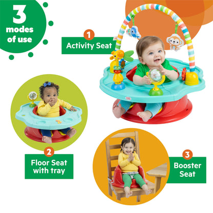 Bright Starts baby activity seat with toy bar and blue and red design