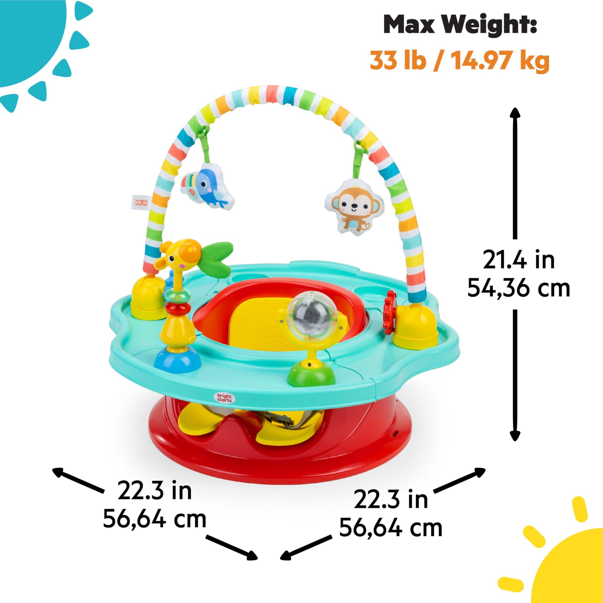 Bright Starts Playful Paradise seat secured as a dining room booster