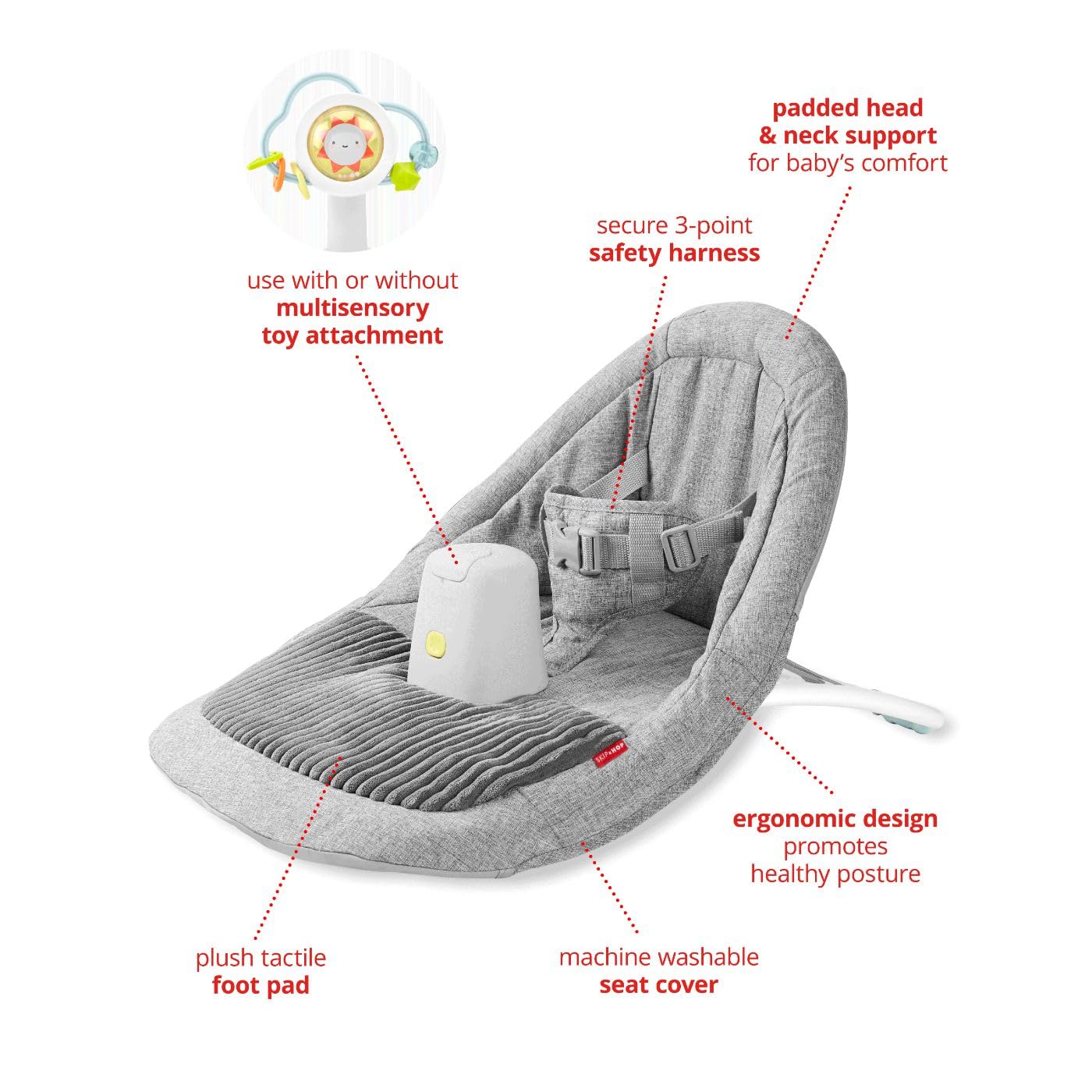 Side profile of Skip Hop upright floor seat with three-point safety harness