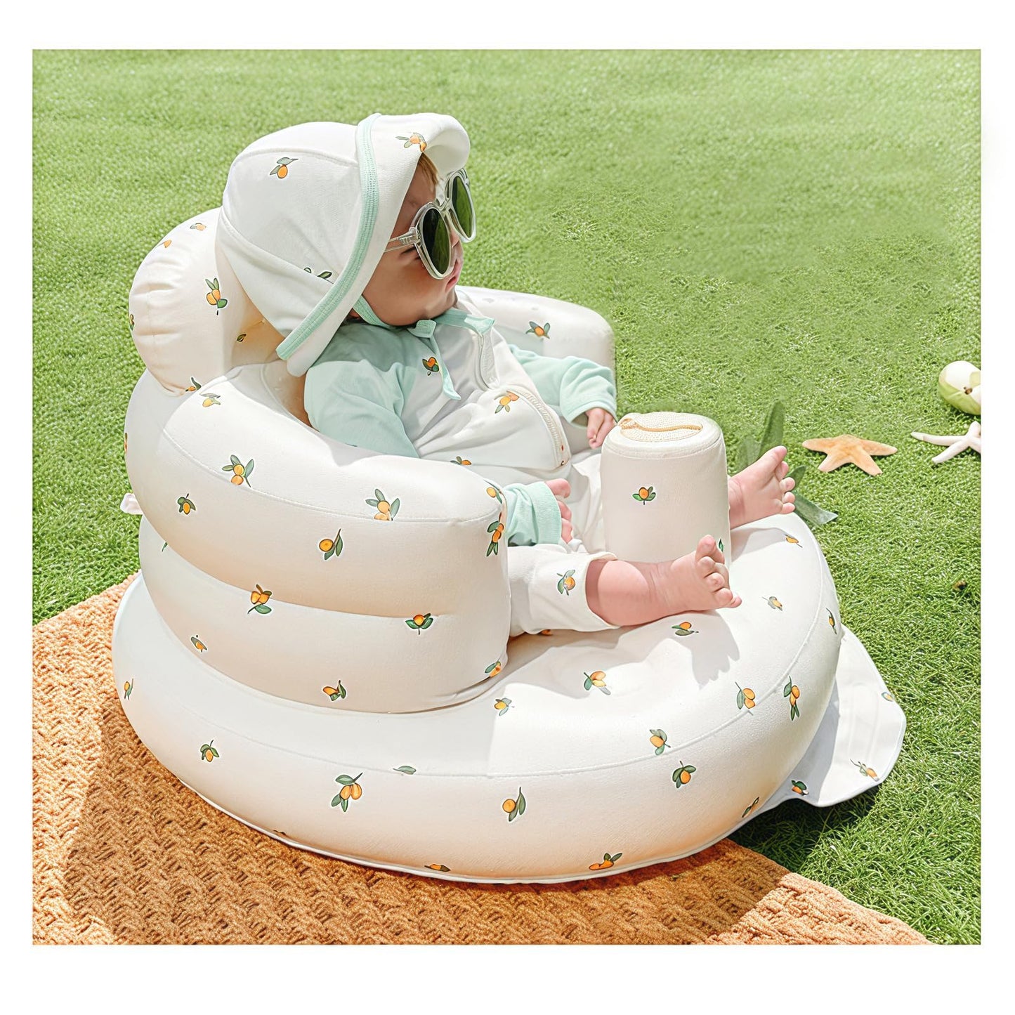 Top view of AirSwim orange baby chair with fruit pattern
