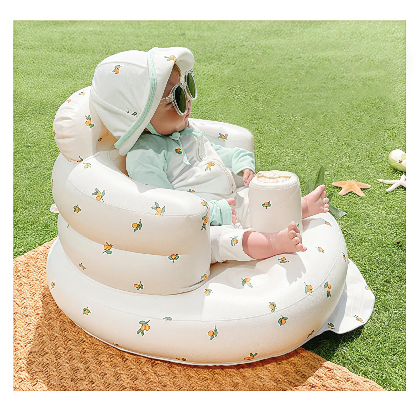 Top view of AirSwim orange baby chair with fruit pattern