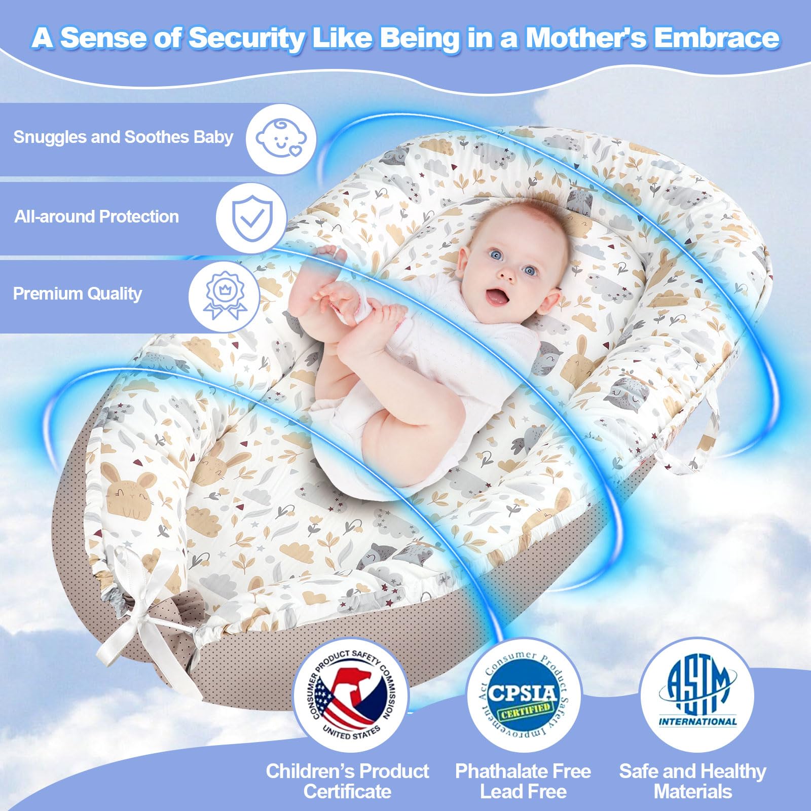 Side angle of breathable cotton baby nest for floor time