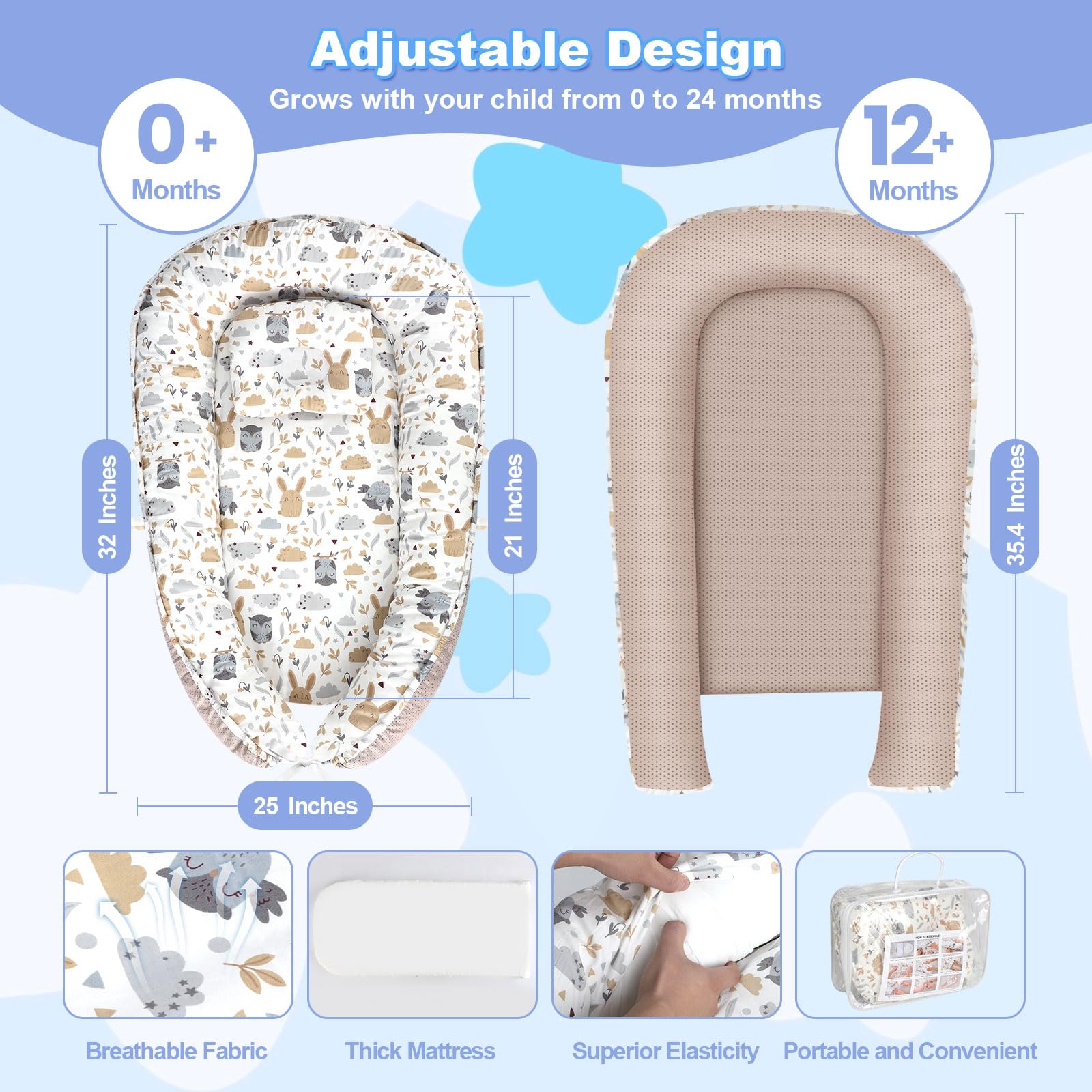 Adjustable buckle detail on portable infant lounge cushion