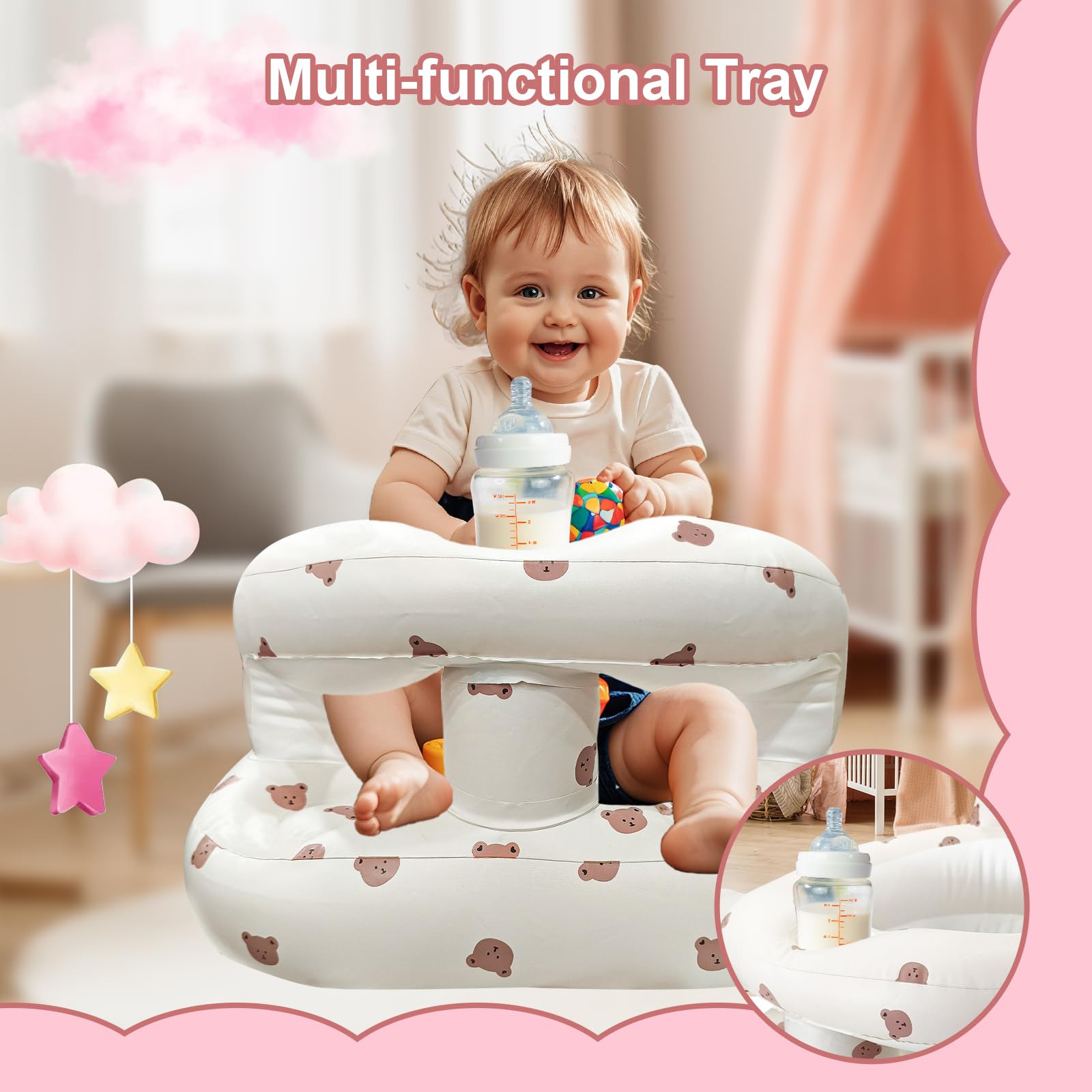 Baby using Tosxw support seat for feeding