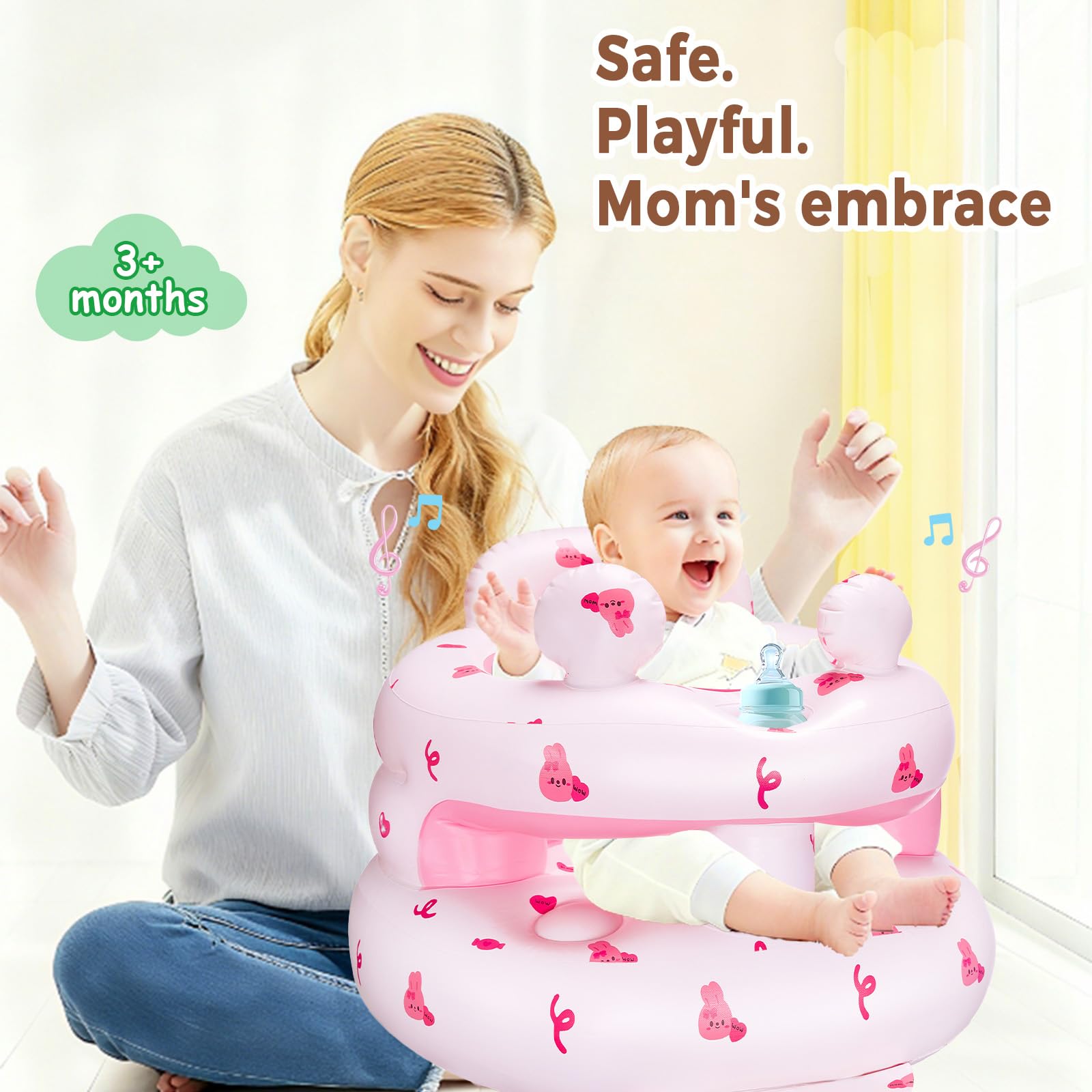 Close up of squeaky sound making bunny ears on baby floor seat
