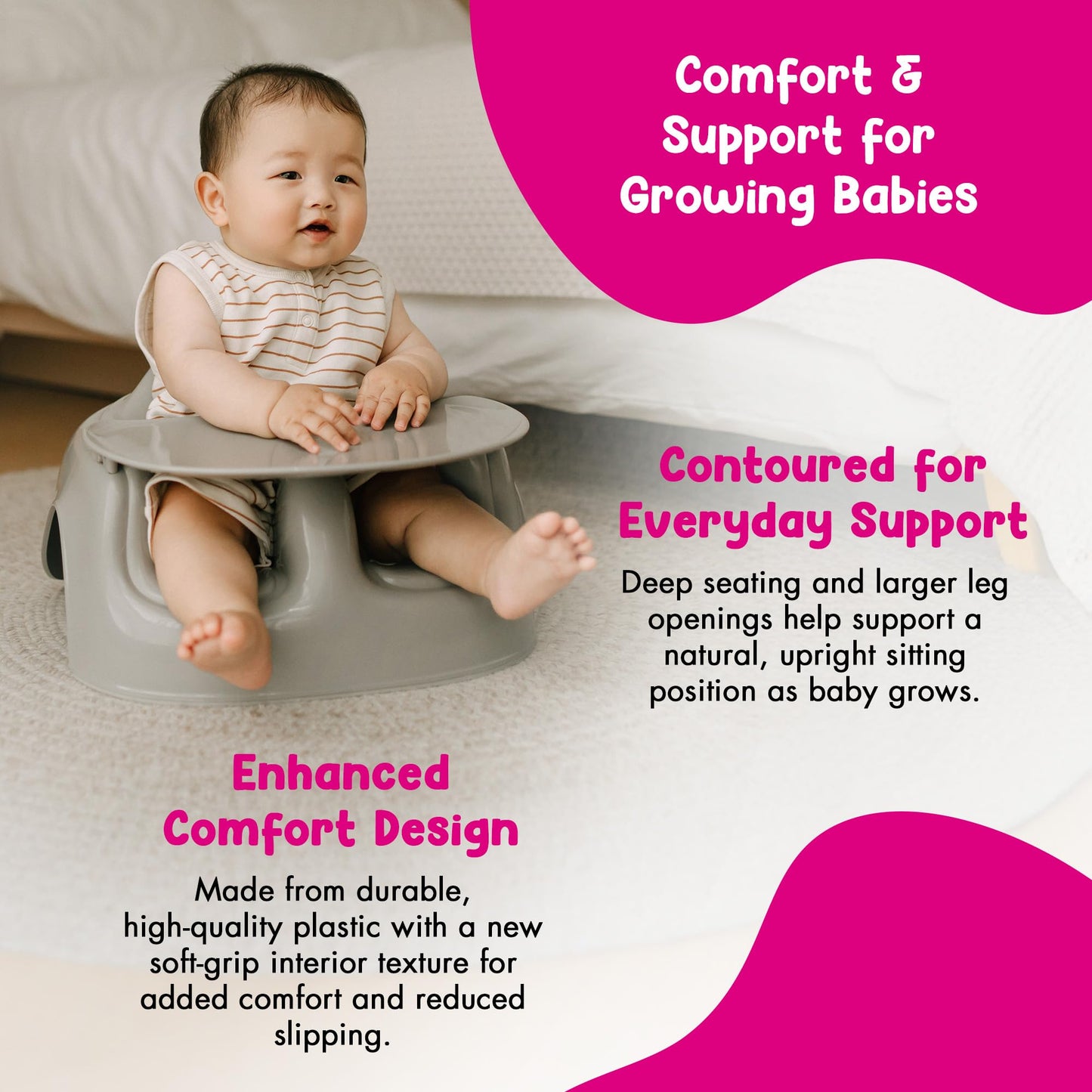Bumbo baby chair demonstrating ergonomic upright seating position