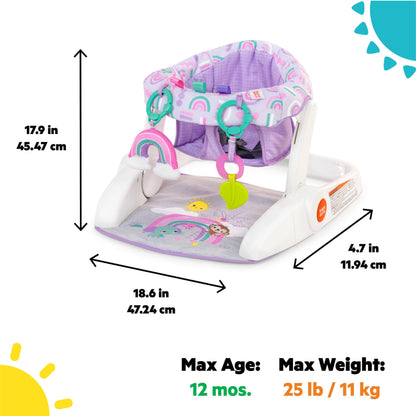 Infant sitting in Purple Paradise Bright Starts floor seat