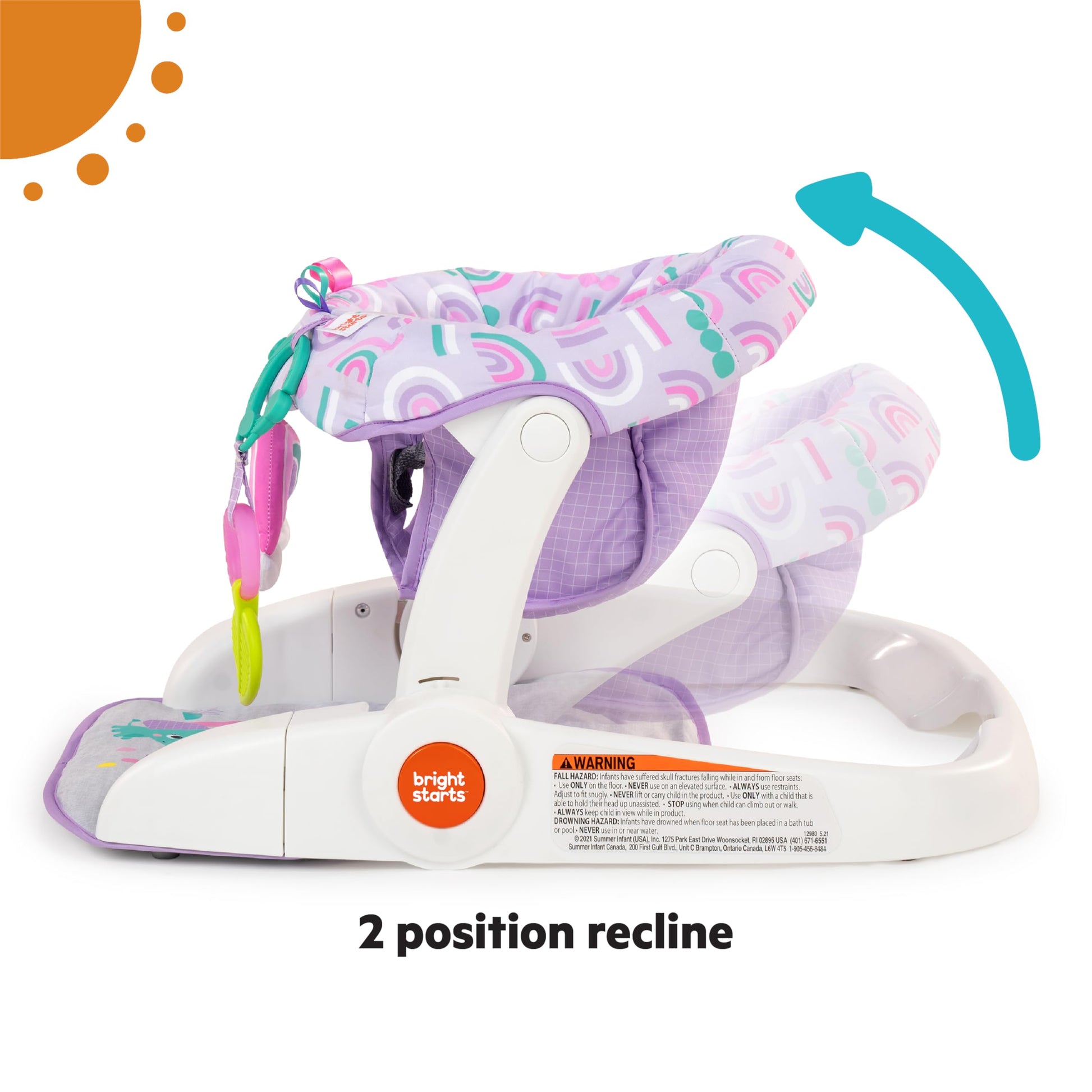 Close up of developmental toys on Bright Starts baby seat