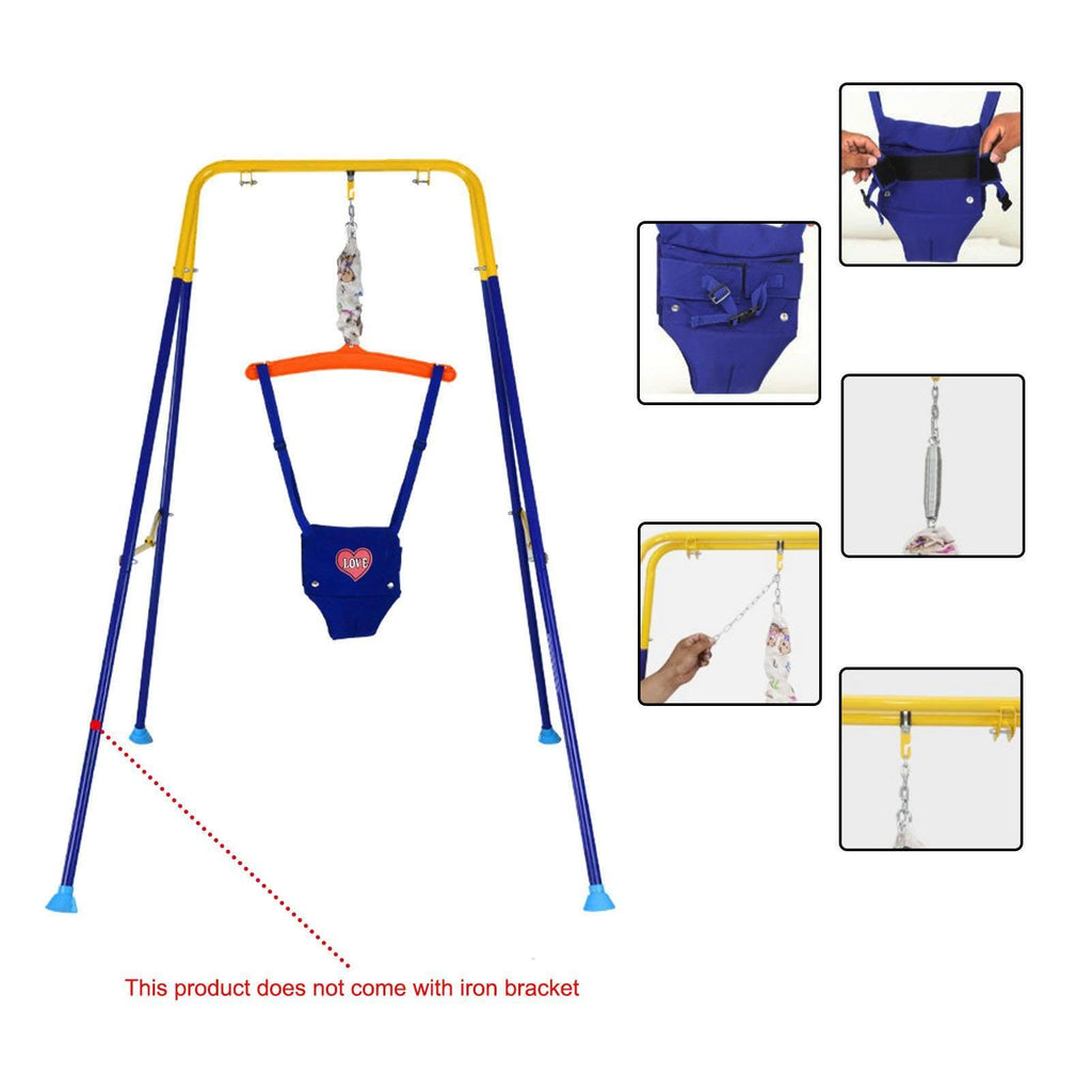 Infant activity bouncer seat showing blue and orange fabric design