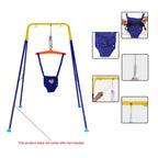 Infant activity bouncer seat showing blue and orange fabric design