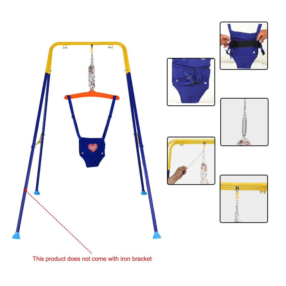 Infant activity bouncer seat showing blue and orange fabric design