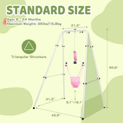 Side view of Cowiewie pink baby jumper showing metal stand structure