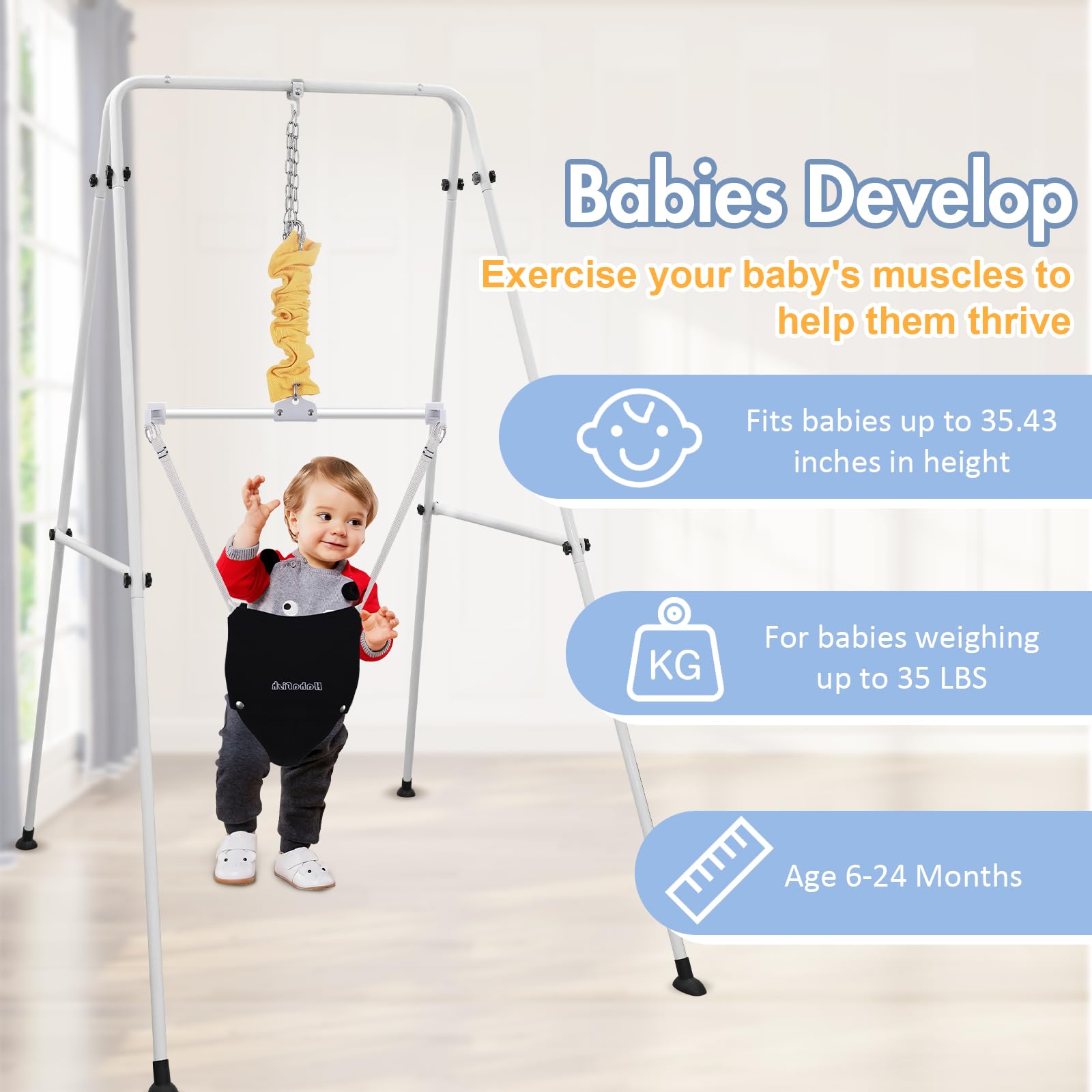 Toddler enjoying playtime in Abdtech standing baby jumper
