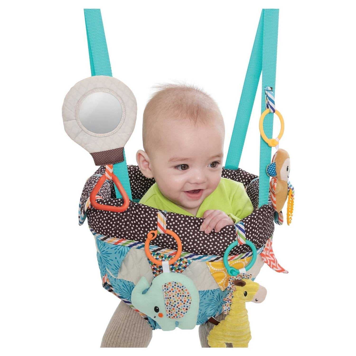 Baby using Infantino doorway bouncer showing adjustable straps
