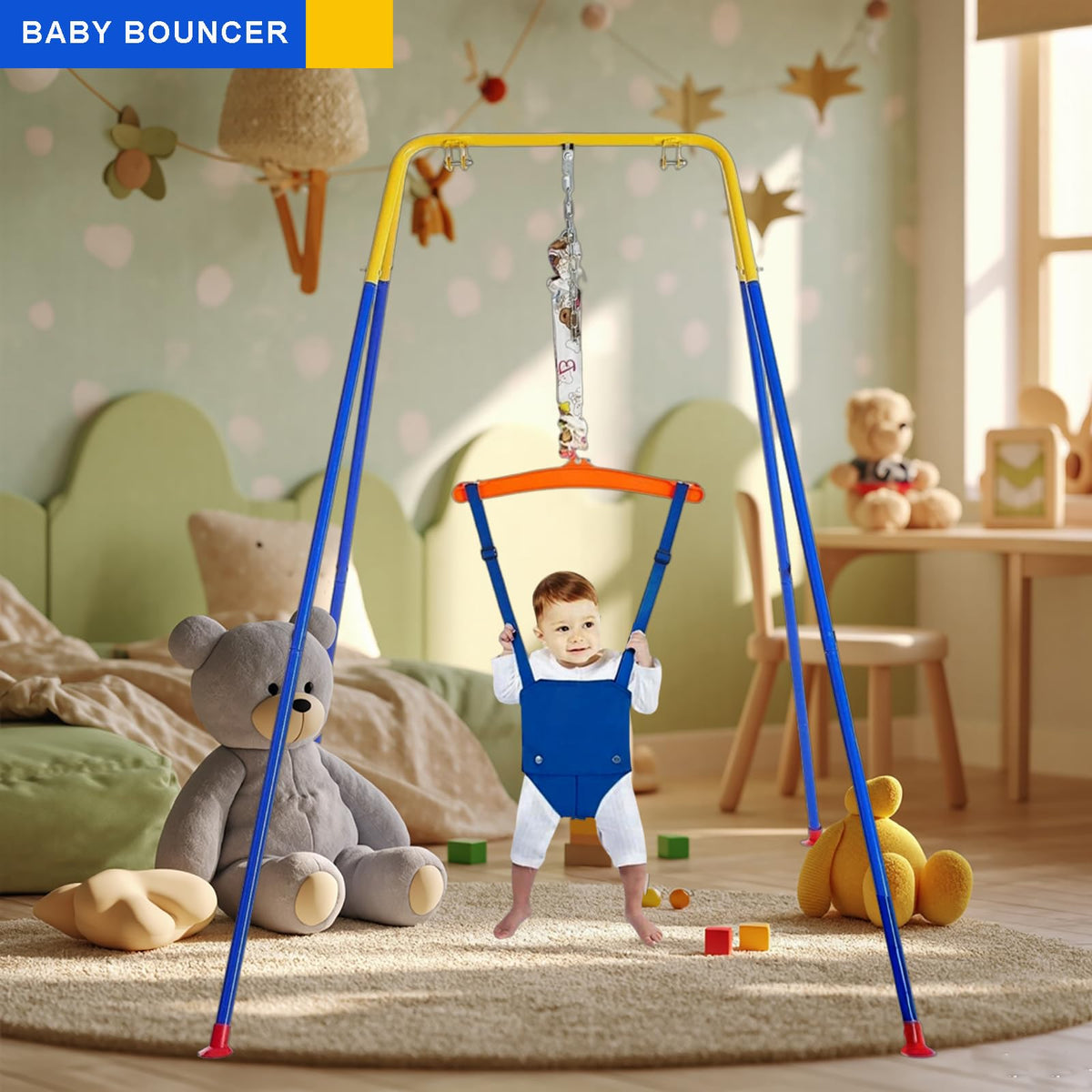 Funlio baby jumper set highlighting sensory activity toys and seat