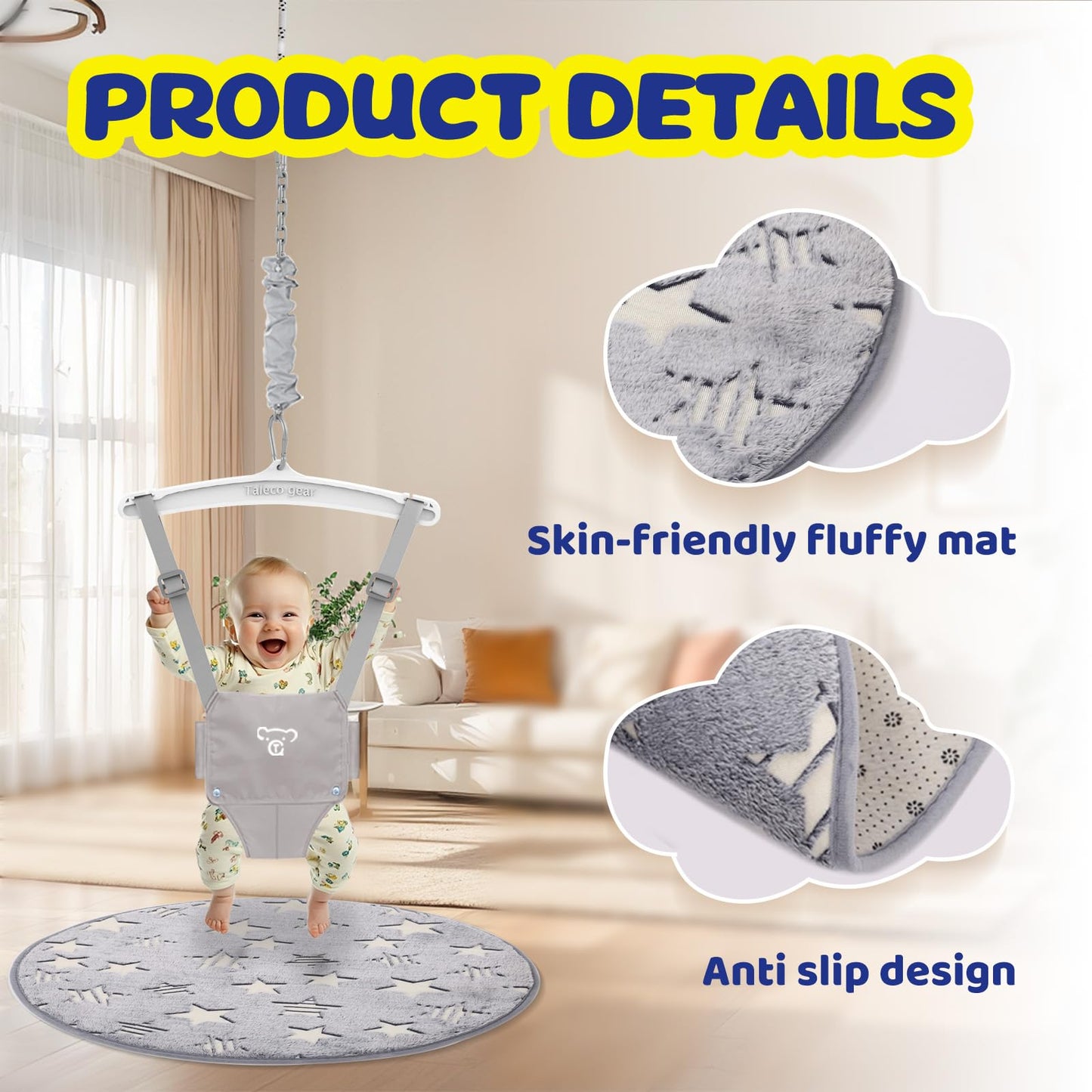Baby using G Taleco Gear jumper for motor skill development