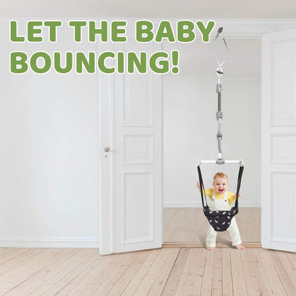 Adjustable strap mechanism on black baby door jumper