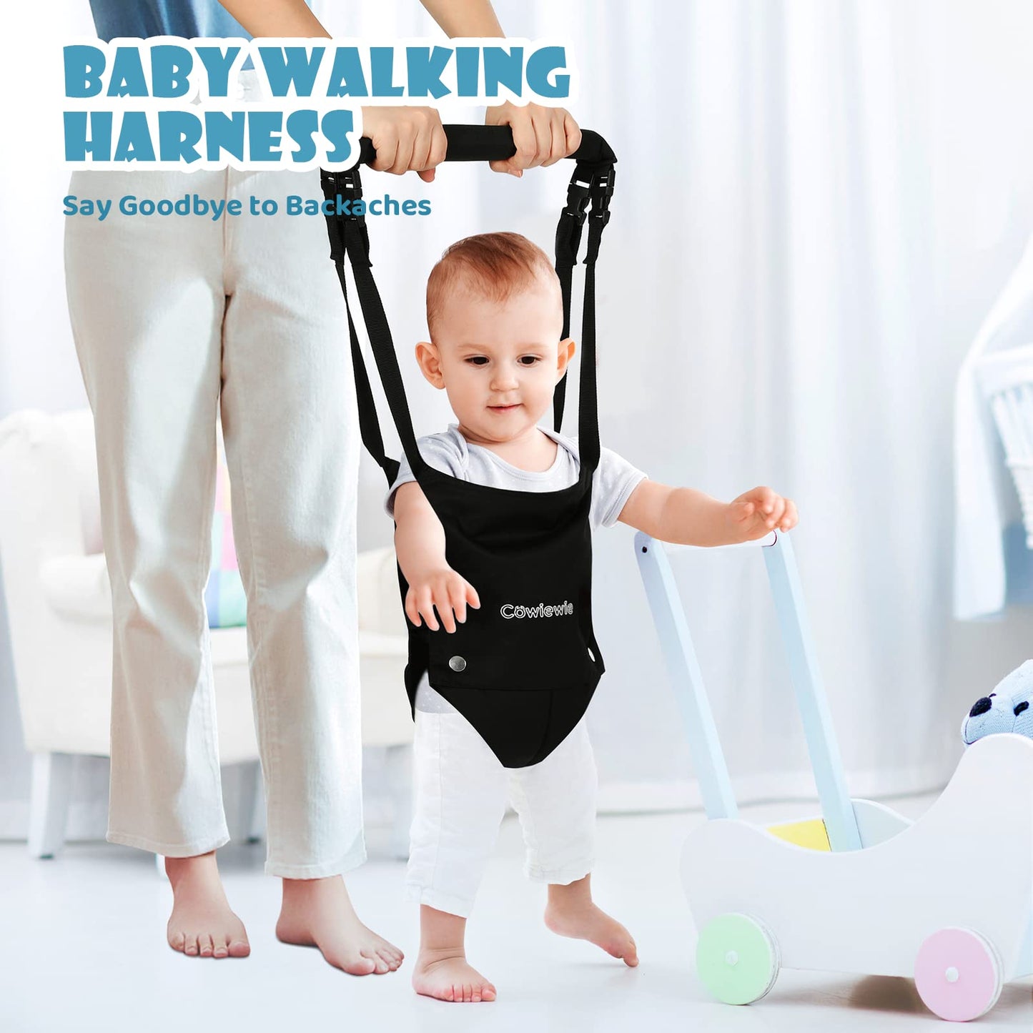 Cowiewie infant jumper with black seat and white stand