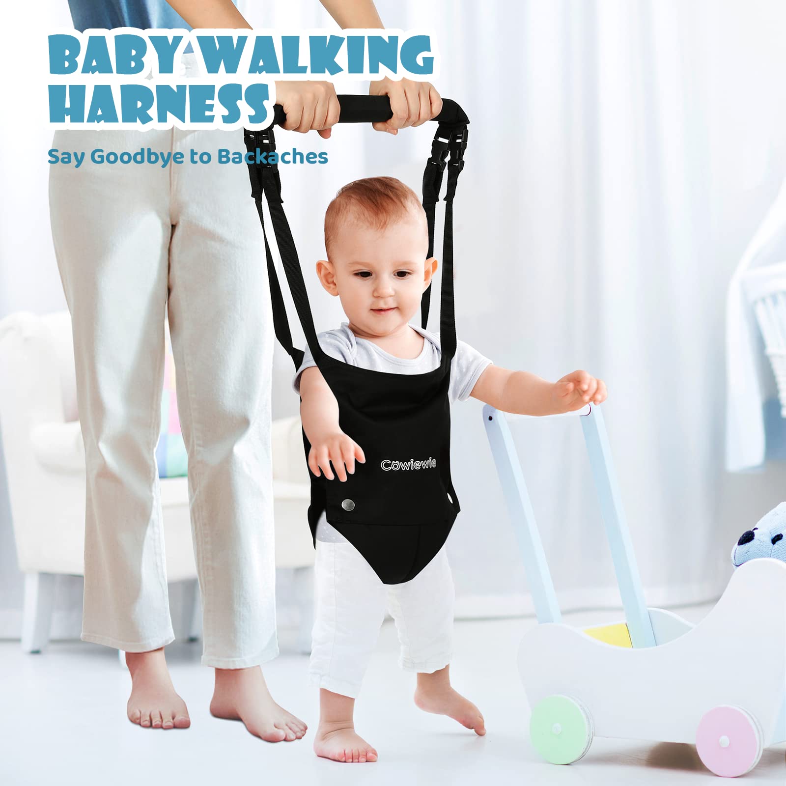 Cowiewie infant jumper with black seat and white stand