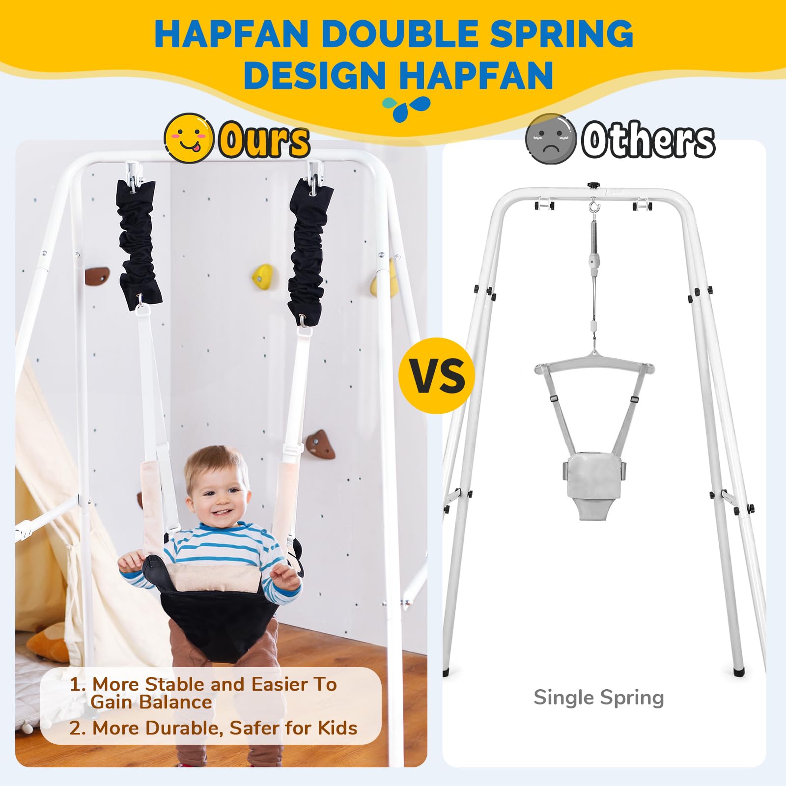 Close up of the high strength extension springs on the Hapfan bouncer frame