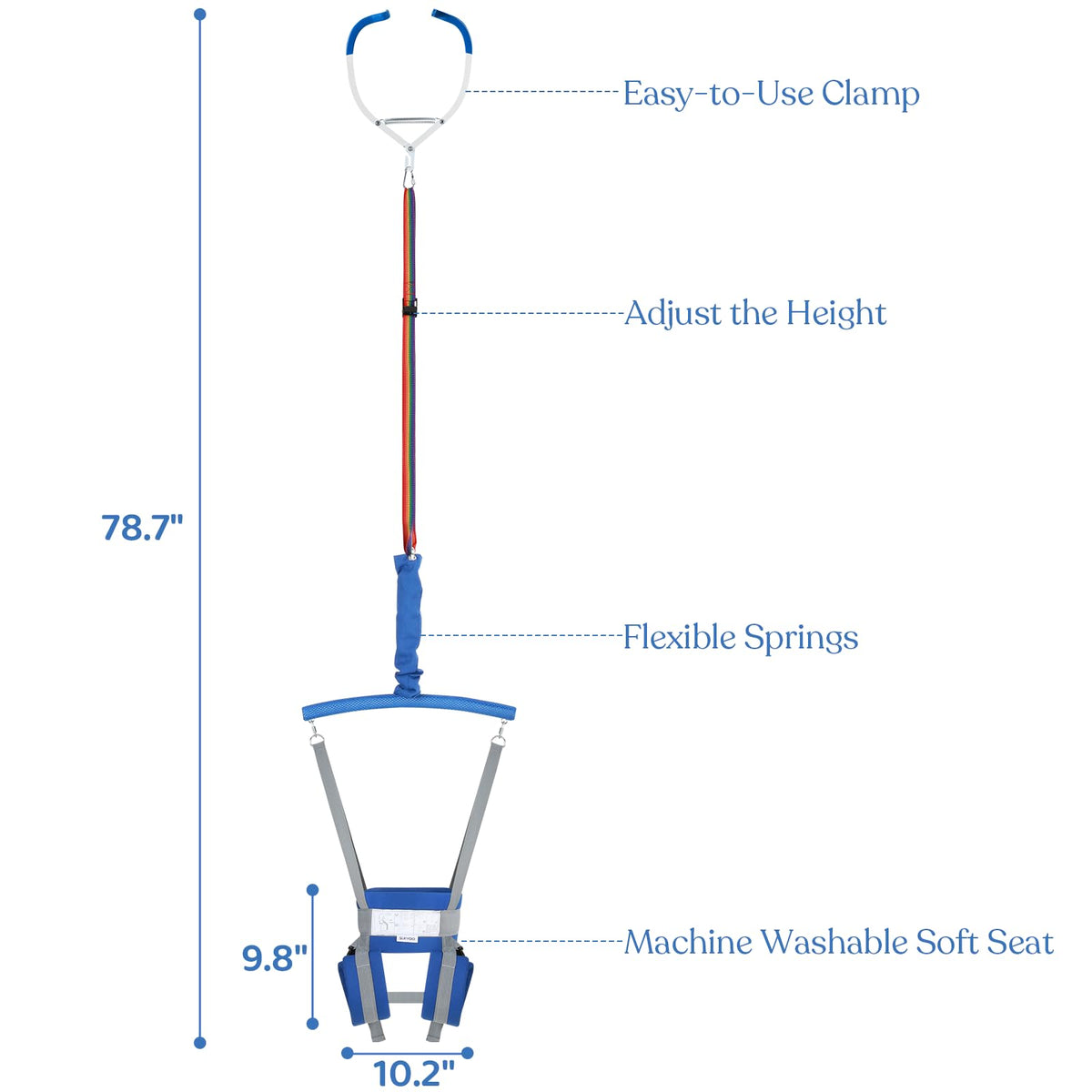 Slevoo doorway bouncer clamp and overhead spring mechanism