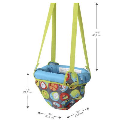 Baby girl happily using the Evenflo Bumbly door jumper