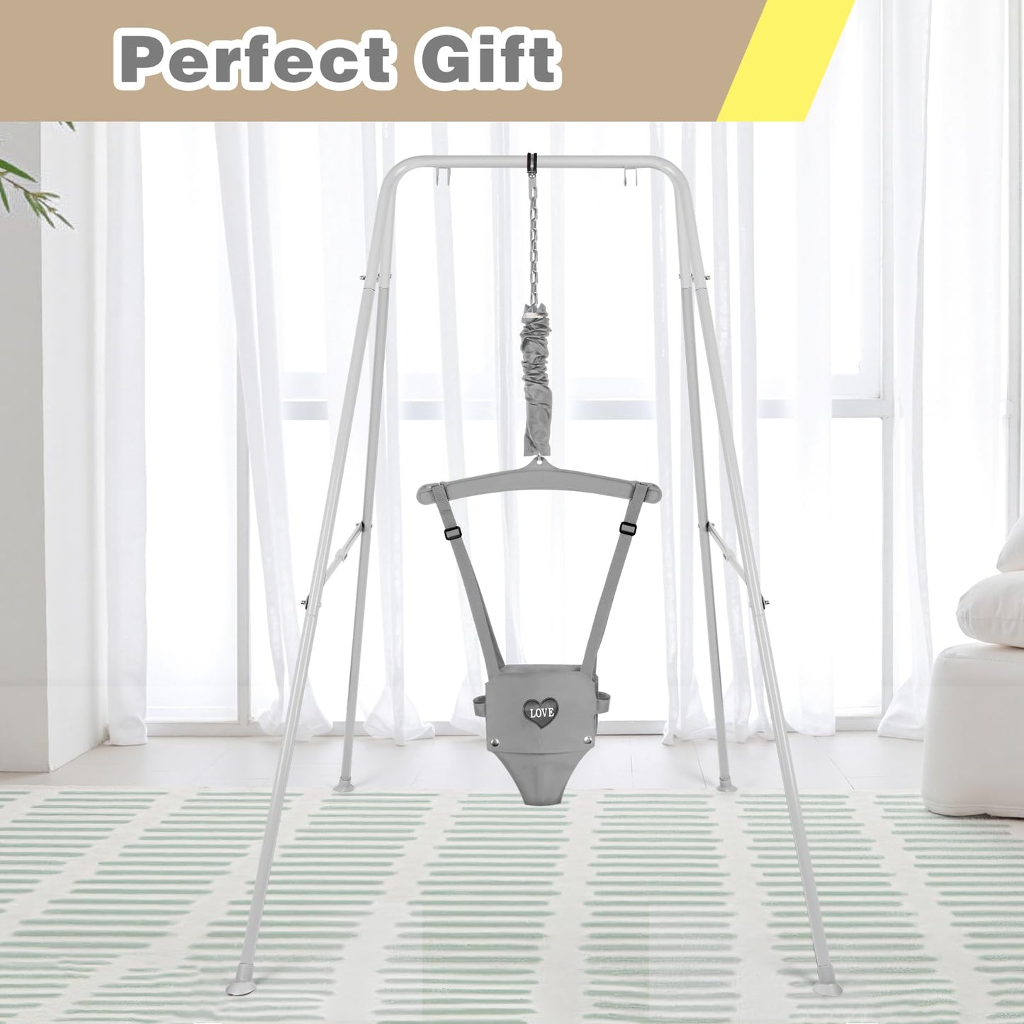 Compact storage view of gray baby jumper with stand