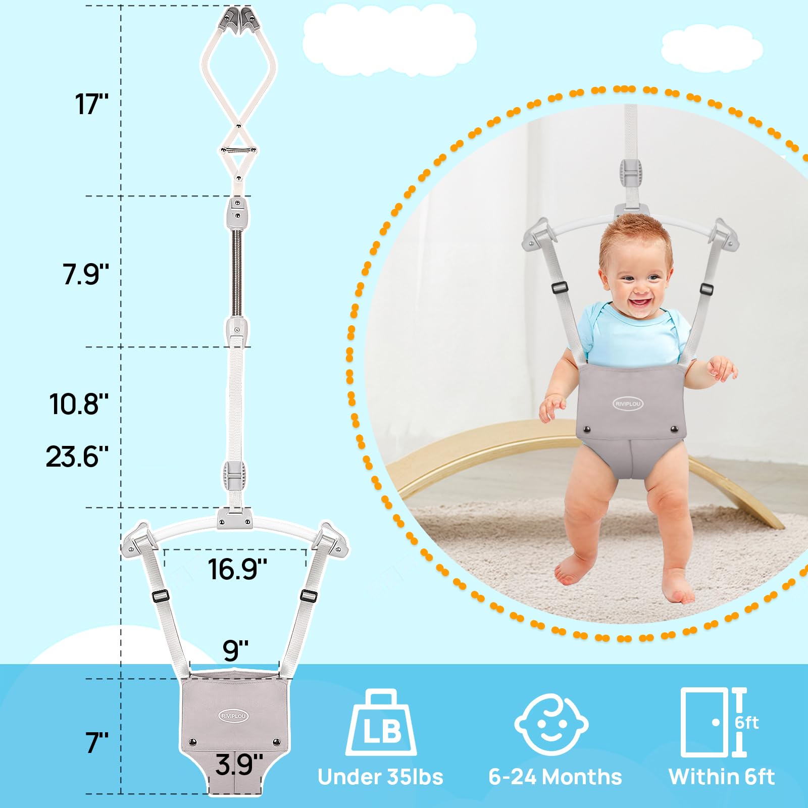 Riviplou Baby Doorway Jumper showing adjustable strap mechanism