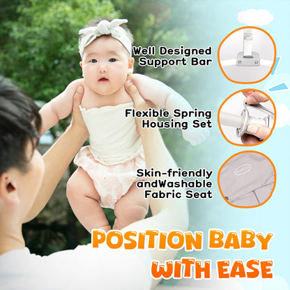 Baby using Riviplou portable doorway jumper in home setting