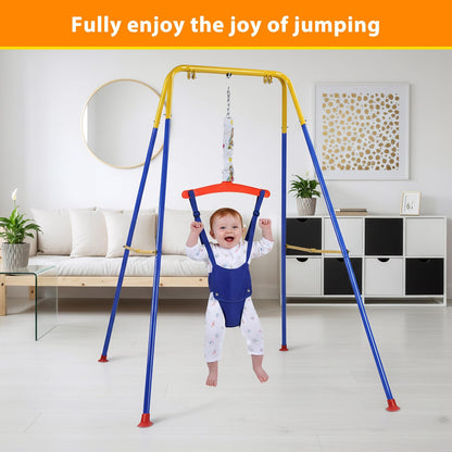 Blue toddler swing seat with safety harness