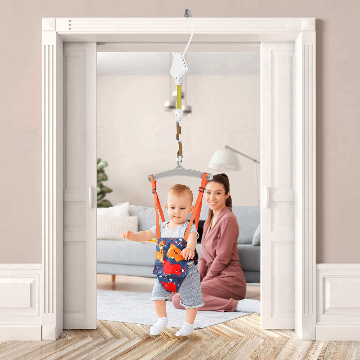 Tubagou baby doorway jumper showing the steel clamp mechanism